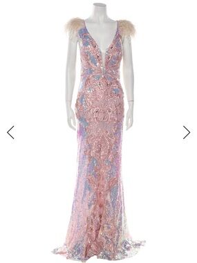 Portia & Scarlett Pink Blue Sequin Evening Gown with Feather Shoulders